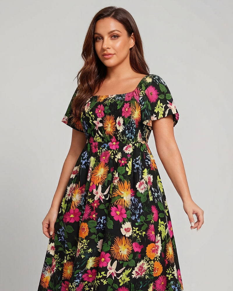 Abito midi floreale arricciato con scollo quadrato e tasche
